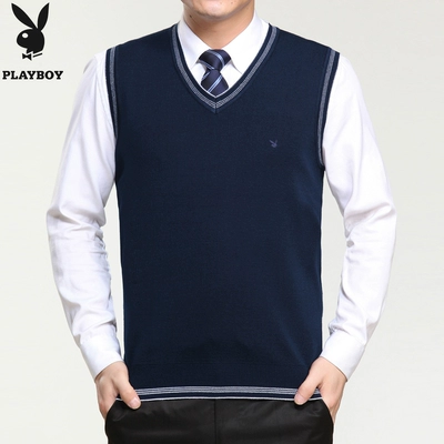 Playboy mùa xuân màu xanh lá cây người đàn ông trung niên của len vest v-cổ rắn màu cashmere áo len áo len vest vest áo len nam hàn quốc Dệt kim Vest