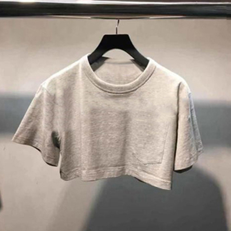 GreyDawang family aw easy white Short sleeve T-shirt female summer pure cotton Patch pocket Super short Sense of design Show thin Minority jacket