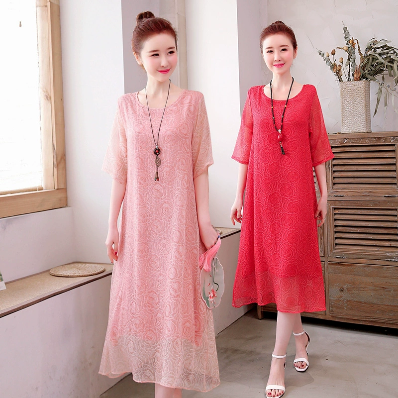 Mùa hè năm 2021 phong cách mới Phong cách Trung Quốc tính khí phụ nữ văn học váy cotton và lanh ngắn tay và váy dài mỏng đơn giản - Váy dài