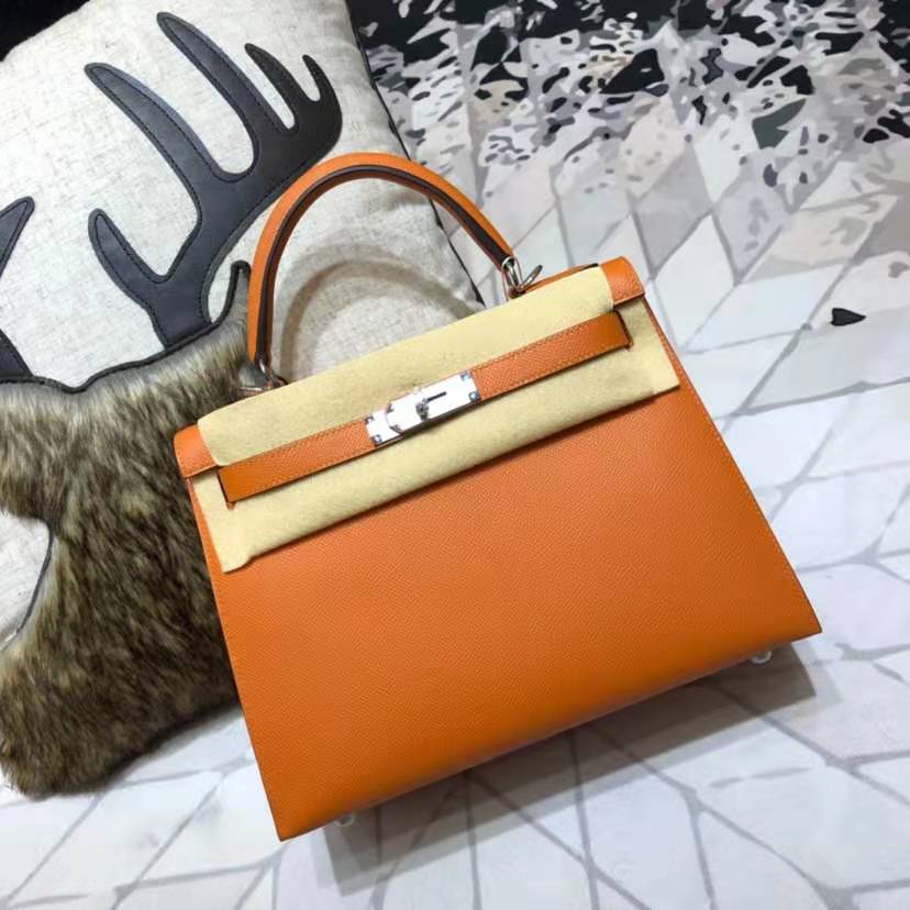 Notes On Orange [Handmade 25Cm] Gold And Silver Clasp2021 Star of the same style H home Kelly bag epsom skin Palmar pattern One shoulder Messenger portable leisure time genuine leather Female bag