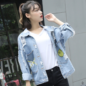Mùa xuân và mùa thu mới của Hàn Quốc phiên bản của lỏng bf gió sinh viên áo sơ mi hoang dã ngắn thêu lỗ ánh sáng denim jacket nữ triều