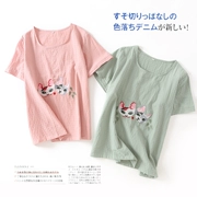 M27 Nhật Bản nhỏ tươi dễ thương thêu vòng cổ ngắn tay T-Shirt nữ sinh viên lỏng phần mỏng áo 2018