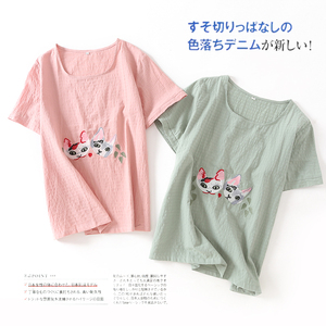 M27 Nhật Bản nhỏ tươi dễ thương thêu vòng cổ ngắn tay T-Shirt nữ sinh viên lỏng phần mỏng áo 2018