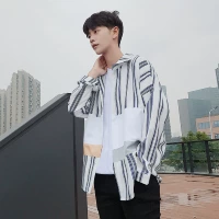 Mùa xuân 2018 mới áo sơ mi dài tay nam Hàn Quốc phiên bản màu sắc lỏng lẻo phù hợp với quần áo áo sơ mi sọc gió bf Harajuku - Áo áo dài tay phồng cổ vuông
