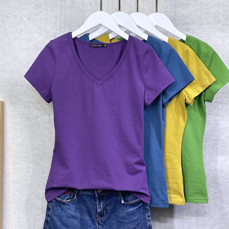 夏季V领短袖t恤女装上衣纯色修身显瘦简约百搭半袖纯棉体恤打底衫