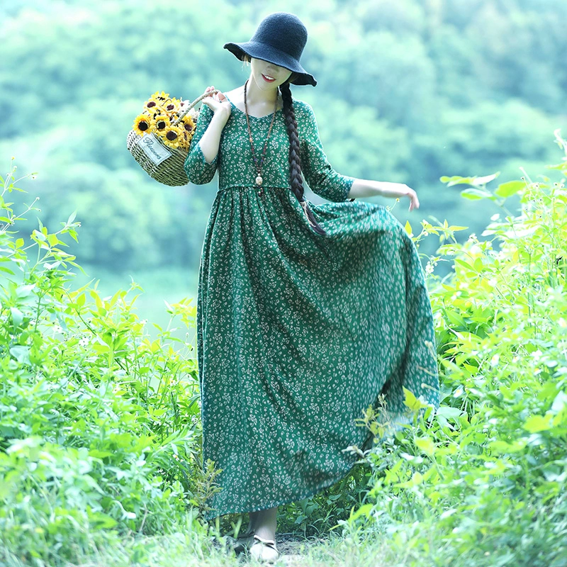 Mô hình mùa xuân và mùa thu 2021 cộng với kích thước của phụ nữ vải cotton và vải lanh in hoa rời váy áo dài văn học và nghệ thuật cổ điển mỏng - Váy dài