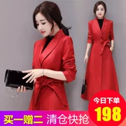 Áo khoác da nữ dài phiên bản Hàn Quốc của áo khoác 2019 xuân hè mới Hained Women khí chất Đầm mỏng quỳ ngang áo gió - Quần áo da