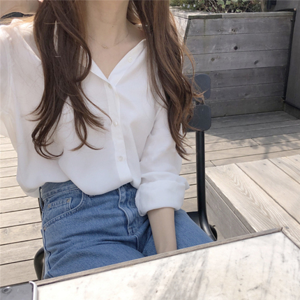 South Korea Chic classic versatile lapel single discharge loose basic pure color casual long -sleeved shirt top female autumn