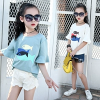 Cô gái T-Shirt ngắn tay 2018 mới của Hàn Quốc phiên bản của cậu bé lớn phim hoạt hình giản dị năm điểm tay áo trẻ em áo sơ mi mùa hè 5-7-9 tuổi áo thun cho bé gái 2 tuổi