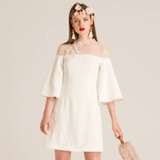 Châu Âu và Hoa Kỳ mùa thu mới của phụ nữ hoa loa kèn trắng tay áo khâu thêu lưới phối cảnh váy Một từ váy - A-Line Váy