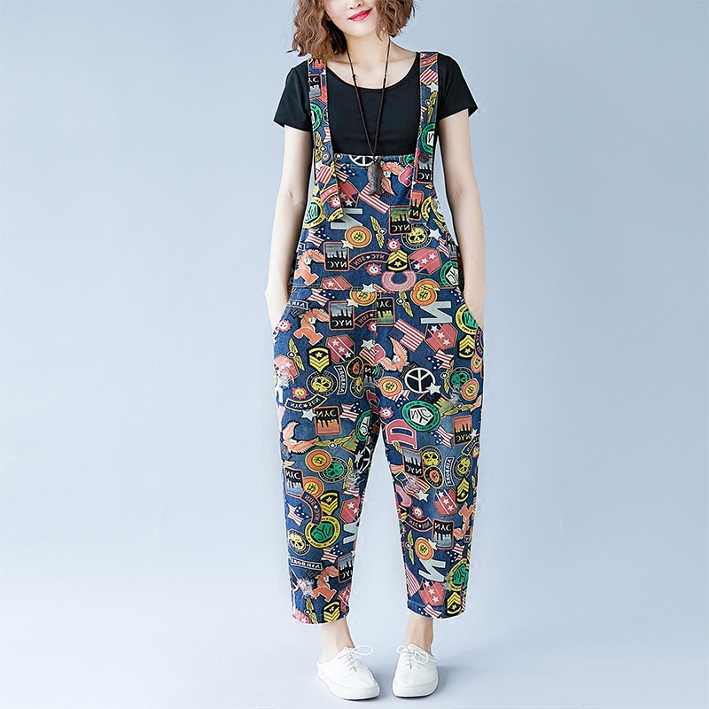 2018 mùa hè lỏng kích thước lớn in denim bib nữ nghệ thuật giản dị hoang dã một mảnh treo hậu cung quần