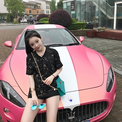 韩笑mia 夏新款韩版宽松镶钻十二星座刺绣t恤女短袖学生