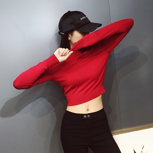 2018 mùa thu mới Châu Âu và Mỹ retro dài tay ngắn eo cao rốn áo sơ mi áo thun áo len áo len áo len