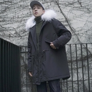 Mùa đông eo dây kéo cổ áo lông thú lớn dày ấm bông áo nam triều Hàn Quốc phiên bản của đội mũ trùm đầu dài bông áo khoác mùa đông áo