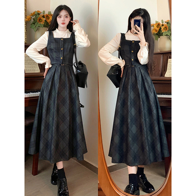 taobao agent Retro set, pleated skirt, long skirt, knitted long-sleeve, plus size, autumn, lifting effect, three piece suit