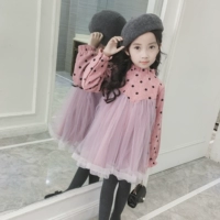 Váy bé gái mùa thu mới bé gái phiên bản Hàn Quốc khâu tay dài chấm bi lưới váy thời trang trẻ em đồ cho bé gái
