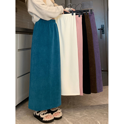 taobao agent Black fleece velvet demi-season pleated skirt, corduroy long skirt, plus size, A-line, hip-accented, 2023 collection