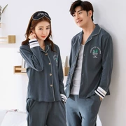 Mùa thu mới vài bộ đồ ngủ nữ thời trang Hàn Quốc cotton dài tay cardigan phù hợp với dịch vụ cotton nam - Pyjama
