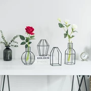 Đơn giản phong cách Bắc Âu hình học thủy tinh màu xanh lá cây thủy canh khô hoa giả hoa sắt rèn bình phòng khách trang trí bàn trang trí - Vase / Bồn hoa & Kệ