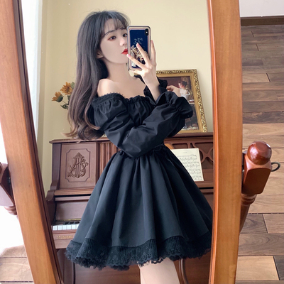 taobao agent Autumn dress, fitted belt, brace, small princess costume, plus size, square neckline, Lolita style