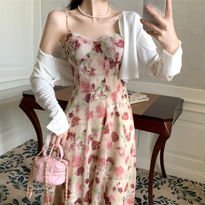 taobao agent Shiffon summer slip dress, cardigan, long skirt, plus size, french style, fitted, maxi length