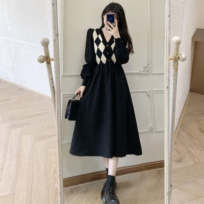 taobao agent Autumn knitted corduroy set, dress, plus size, french style