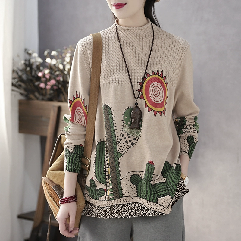 Han Suoyi retro văn học mùa xuân và mùa thu mới áo len len xương rồng nữ cao nửa cổ áo len dài tay áo len đáy - Áo len cổ chữ V