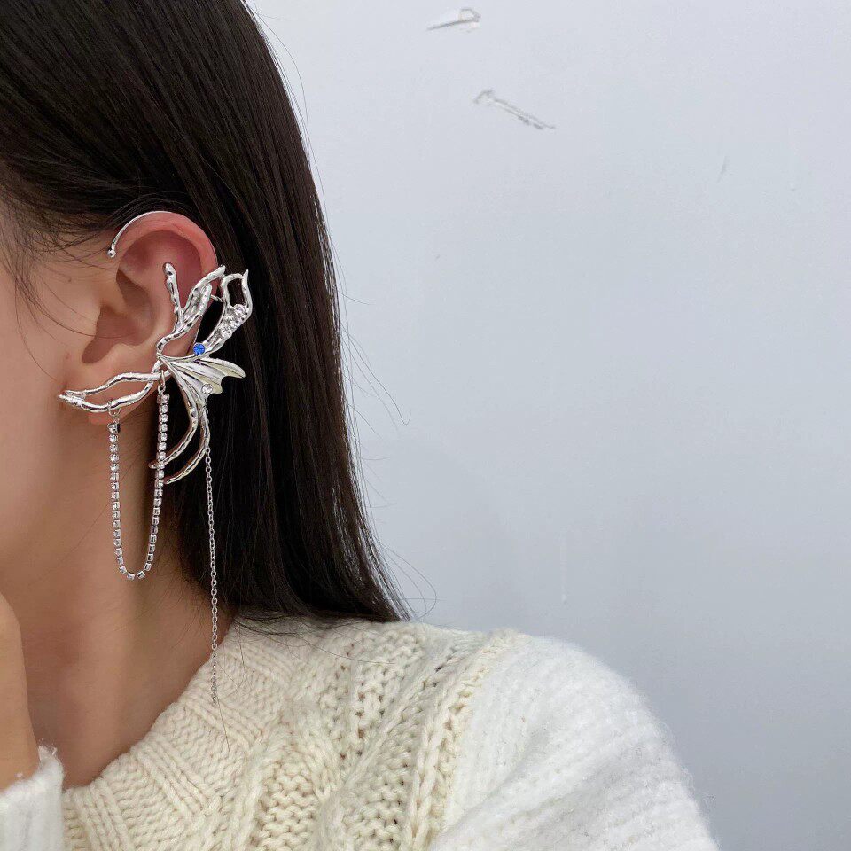 French designer Elf Butterfly Zircon Tassel Unique Silver Needle Stud Super Immortal Clip Ring Ear_voghion.com
