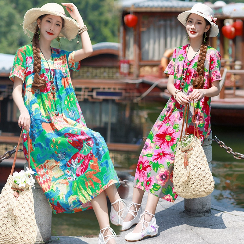 Retro dân tộc in cotton và vải lanh váy ngắn tay phụ nữ rộng rãi kích thước lớn giản dị tính khí eo cao váy lanh thoải mái - Váy eo cao