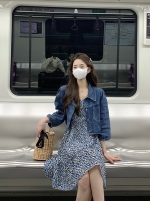taobao agent Autumn denim dress, jacket, set, plus size, fitted, floral print