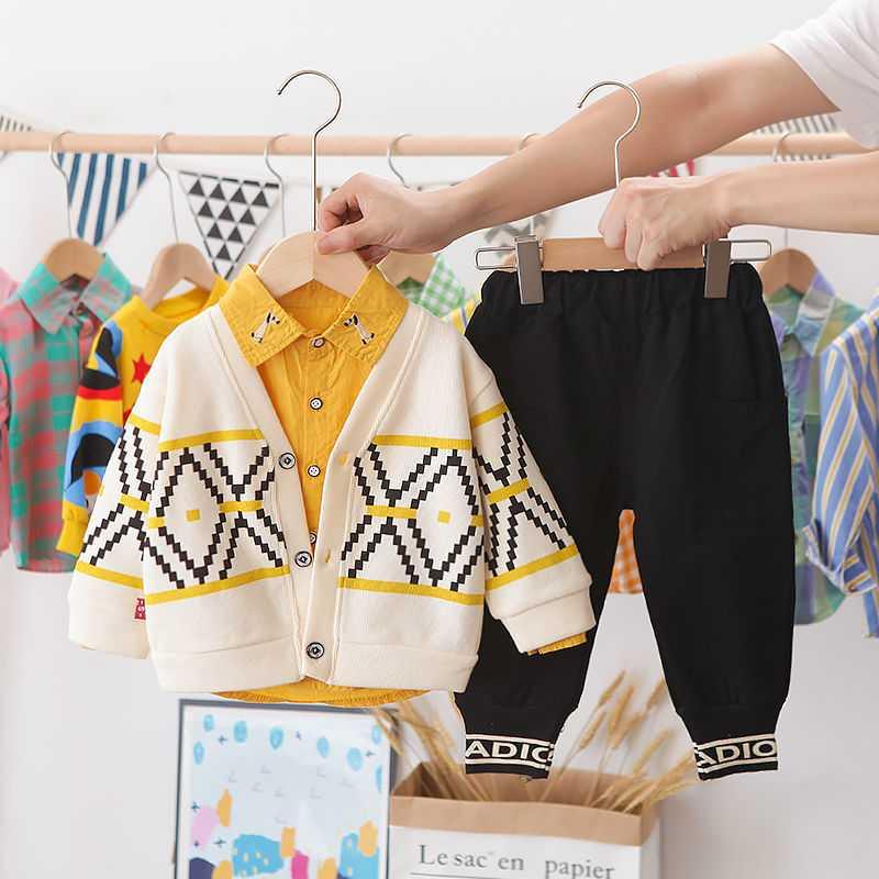 PD Diamond Sweater Beige & Three Piece Setbaby Autumn clothes Boy Spring and Autumn suit 2021 new pattern Foreign style Three piece set tide baby clothes handsome Children's wear