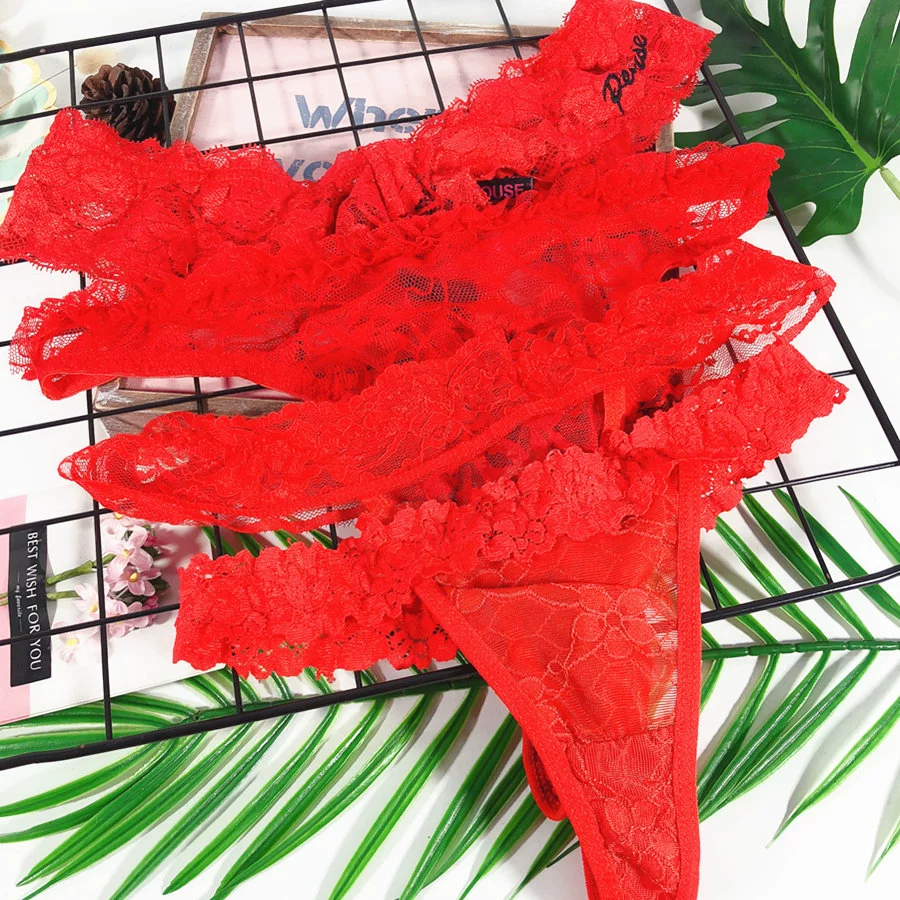 Q173 Sản phẩm mới linh tinh màu đỏ lễ hội nóng lưới ren sữa lụa polyester thong gái T quần lót - G-string