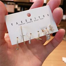 Серьги 珍珠银针耳钉韩国风设计感耳环2020年新款潮简约微镶耳夹气质6件