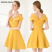 Mùa hè 2019 mới của phụ nữ châu Âu và Mỹ màu vàng eo cao là váy quây mỏng Slim váy chữ A - A-Line Váy