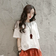 Áo cotton và vải lanh nữ mùa hè bằng vải lanh mùa hè lỏng lẻo tay ngắn mùa hè retro màu trắng quốc gia Trung Quốc áo thun nữ - Áo phông