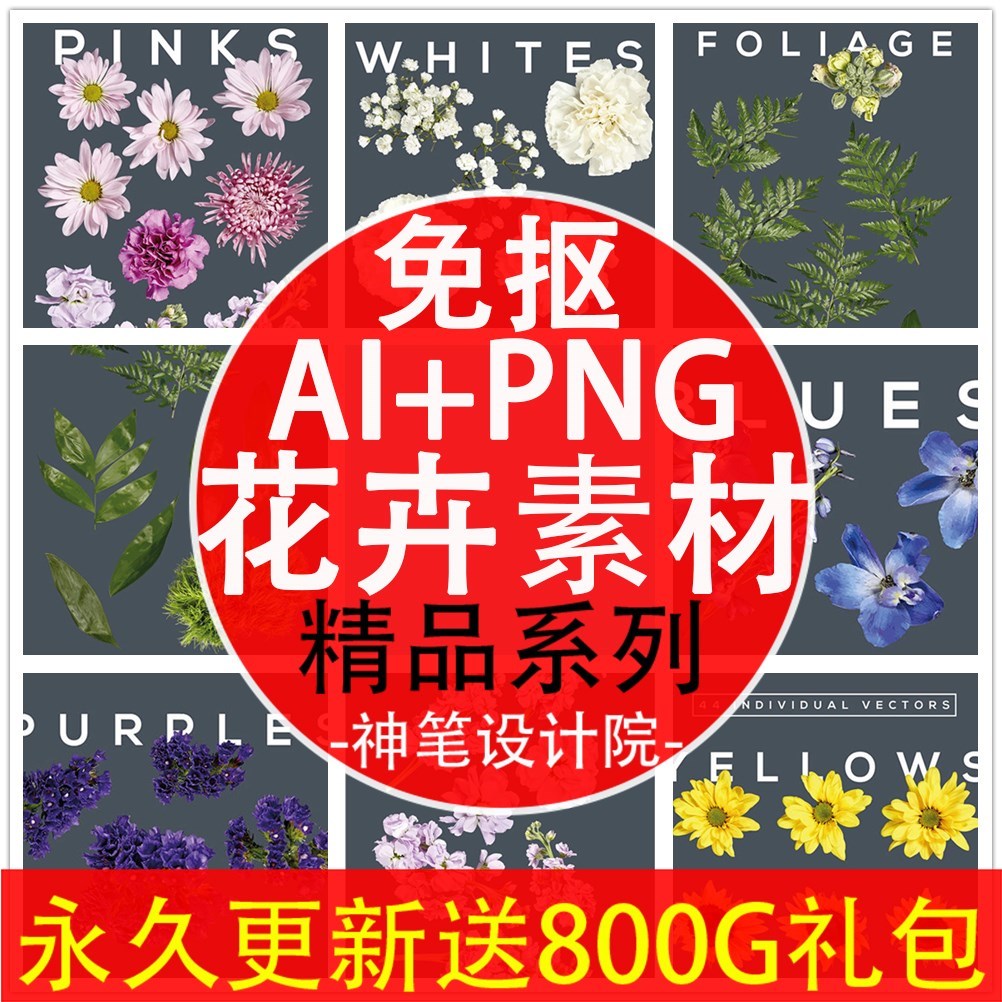 P196#唯美森系优雅写实花卉花朵叶子卡片图案 AI矢量PNG设计素材