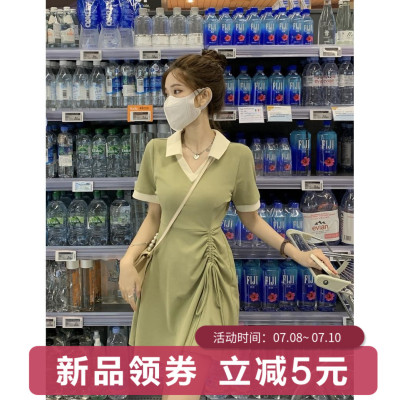 taobao agent Green brace, summer dress, plus size, drawstring, polo collar, with short sleeve, fitted