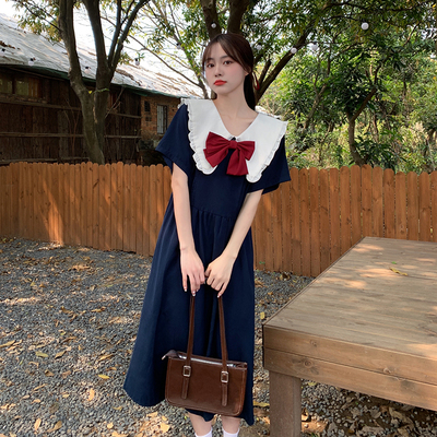 taobao agent Summer navy dress, fitted brace, plus size