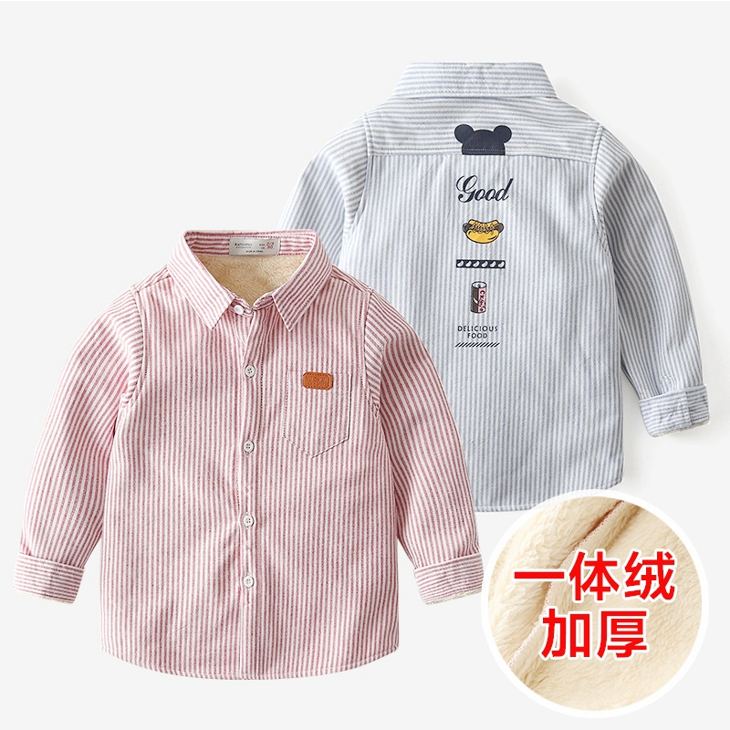 Áo sơ mi cotton trẻ em Hàn Quốc cộng với áo nhung dày kiểu nước ngoài cho bé mùa đông Quần áo mới cho bé trai áo dài tay - Áo sơ mi