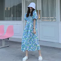 Летнее модное платье для отдыха, брендовая длинная юбка, в цветочек, коллекция 2021, в корейском стиле, городской стиль, французский стиль, свободный крой, рукава фонарики, с рукавом