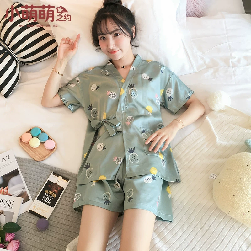Bộ đồ ngủ kimono nữ mùa hè băng lụa mỏng Phần lụa Hàn Quốc ngắn tay phù hợp với sinh viên tươi phục vụ tại nhà - Nam giới