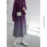 Зимний шерстяной бархатный демисезонный длинный свитер, юбка в складку, высокая талия, градиент, А-силуэт