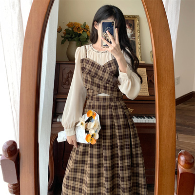 taobao agent Set, autumn design dress with sleeves, retro brace, long skirt, plus size, french style, long sleeve, trend of season