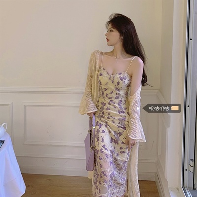 taobao agent Summer set, lace slip dress, for plus size ladies, french style, floral print, UV protection