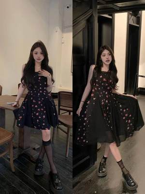 taobao agent Fitted retro shiffon summer brace, long slip dress, plus size, mid-length