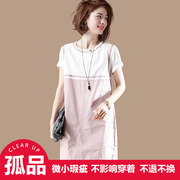 Sumu hit màu khâu vòng cổ váy nữ Xia Hanfan thời trang ngắn tay cổ tròn lỏng Một chiếc váy DH3019