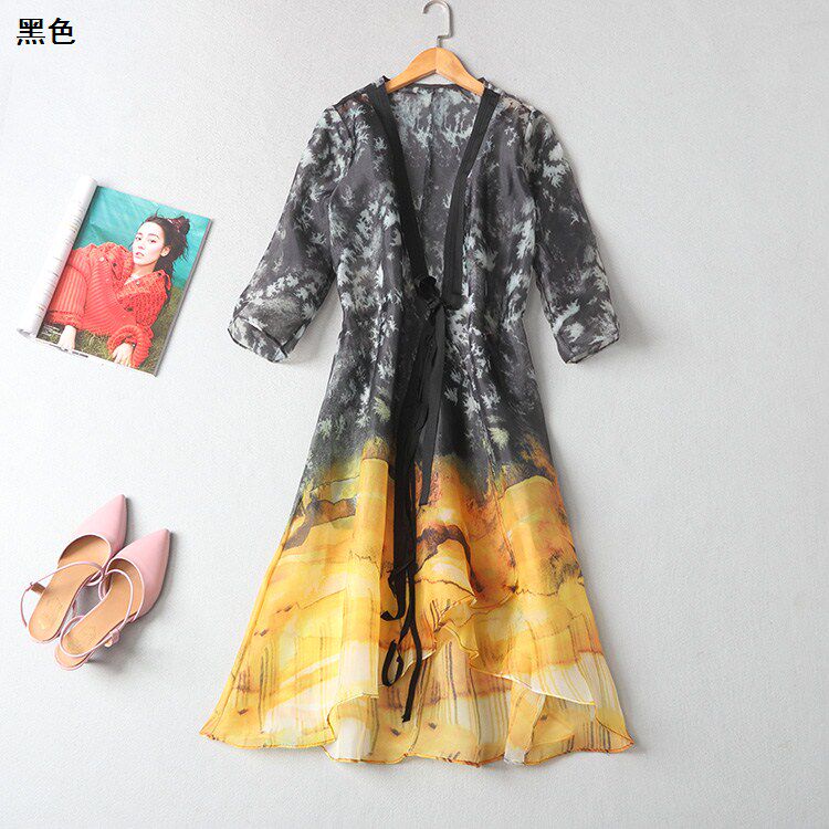 213791 của phụ nữ Ming Wei mùa hè năm 2018 v-cổ tie với bảy điểm tay áo in ngắn áo gió ngắn