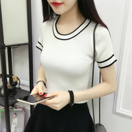 2018 mùa xuân và mùa hè mới sọc màu sắc phù hợp với áo sơ mi mỏng áo len cổ tròn hoang dã nữ sinh viên ngắn tay áo sơ mi áo thun nữ form rộng