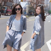 Nữ thần Fan phù hợp với nữ 2018 new retro linen sọc nhỏ phù hợp với thời trang giản dị Hồng Kông hương vị quần short hai mảnh