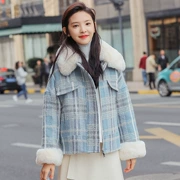 Mùa đông 2018 phiên bản Hàn Quốc của gió gió nhung sang trọng ngọt ngào kẻ sọc dày hoa len lông ngắn nữ